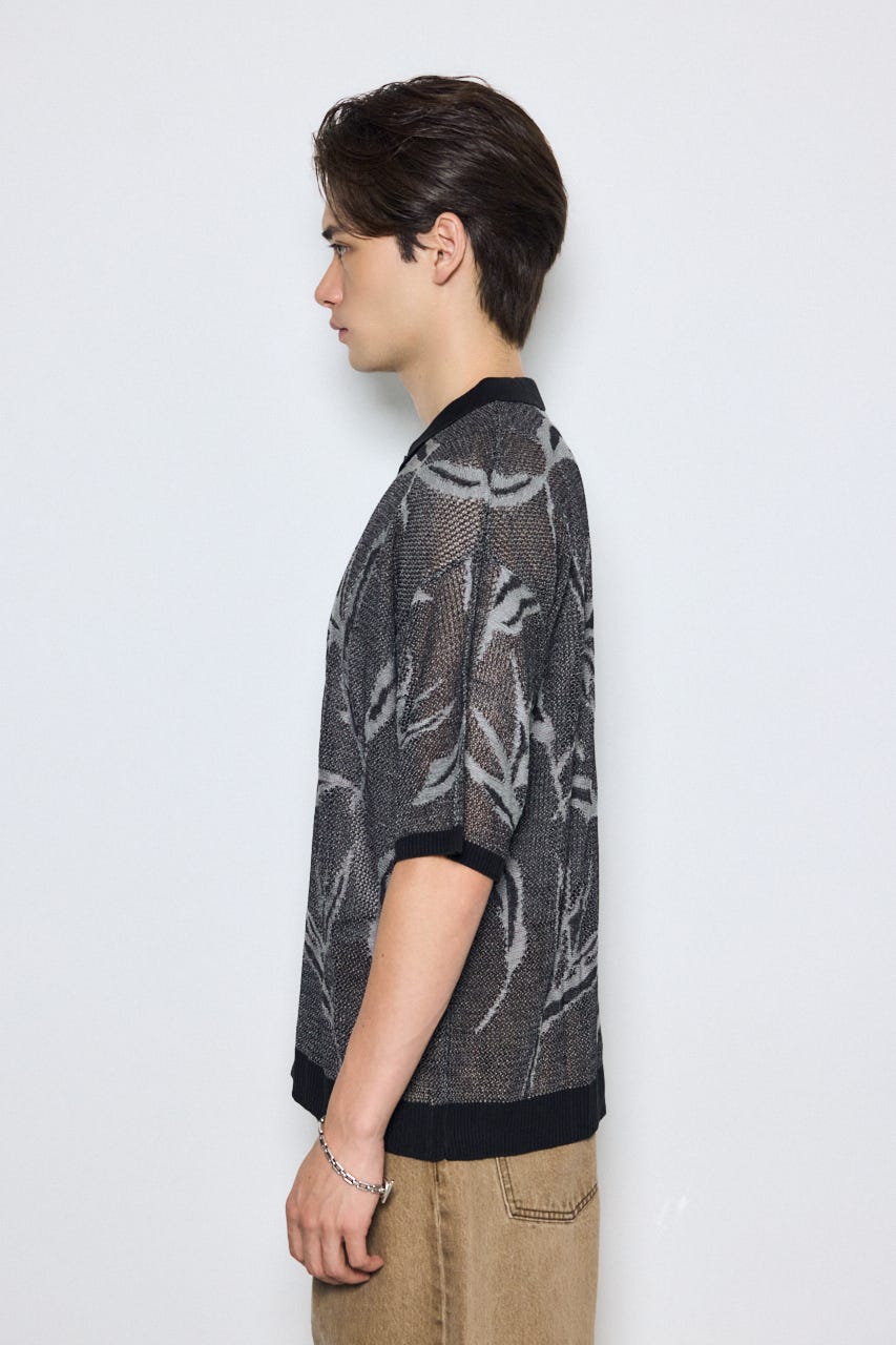 花柄メッシュニット半袖シャツ BLK M