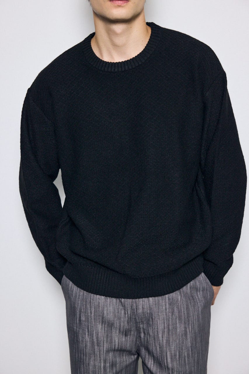 【AW先行アイテム】テクスチャークルーネックニットトップス BLK M