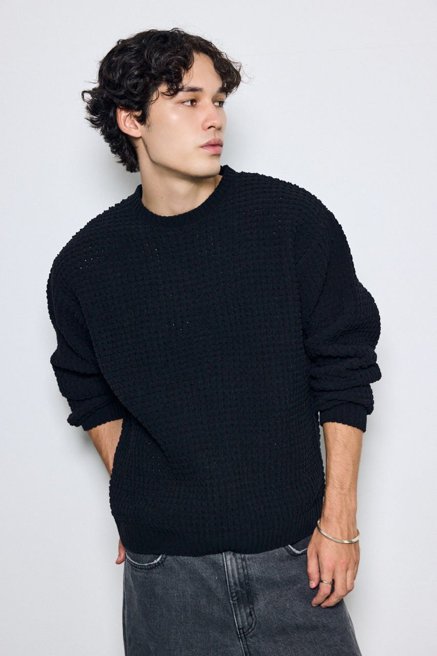 【AW先行アイテム】【ぬくもち】ワッフル編みニットトップス BLK M