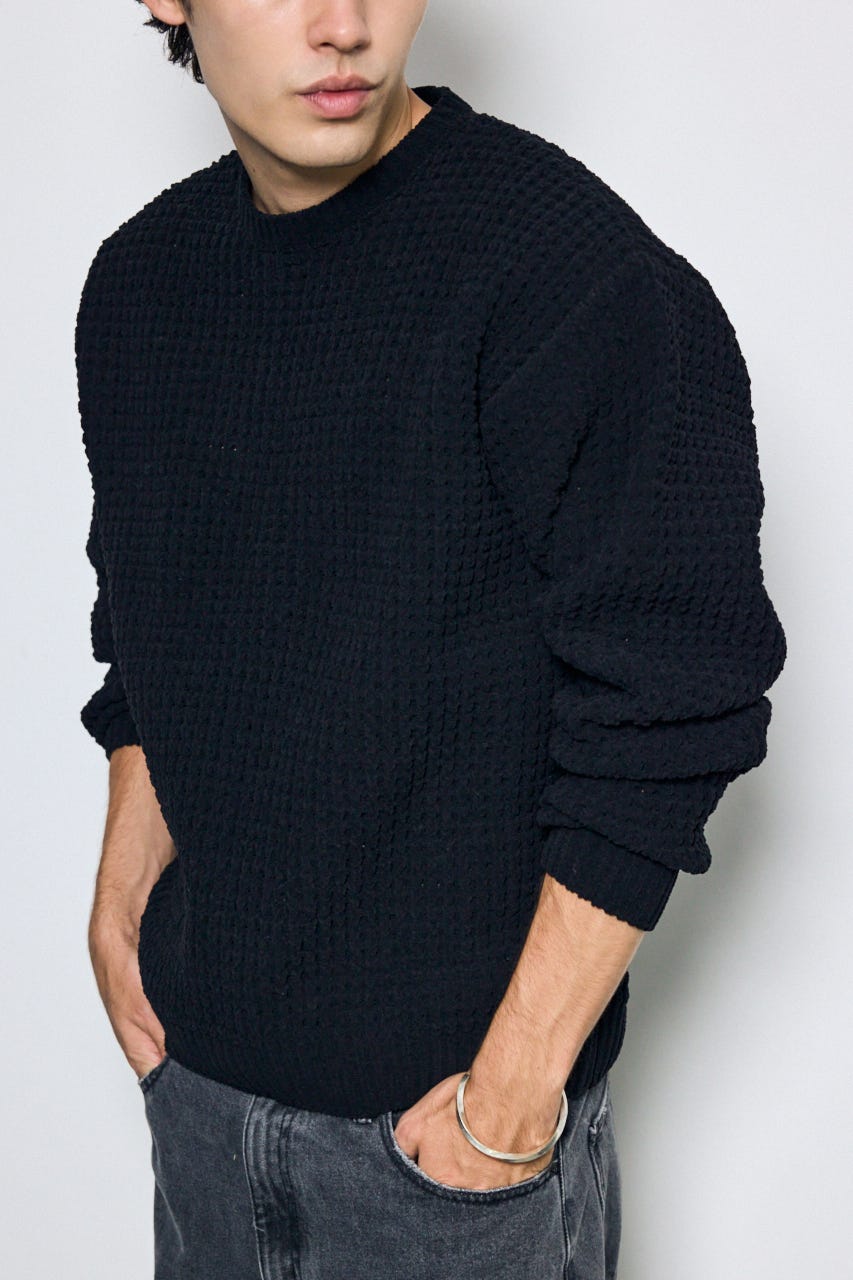 【AW先行アイテム】【ぬくもち】ワッフル編みニットトップス BLK M