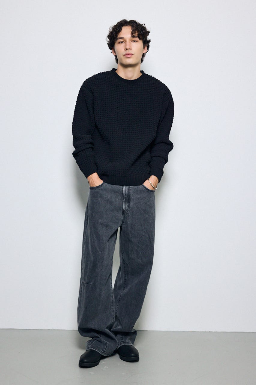 【AW先行アイテム】【ぬくもち】ワッフル編みニットトップス BLK M