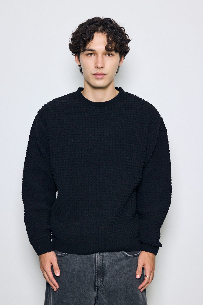 【AW先行アイテム】【ぬくもち】ワッフル編みニットトップス BLK M