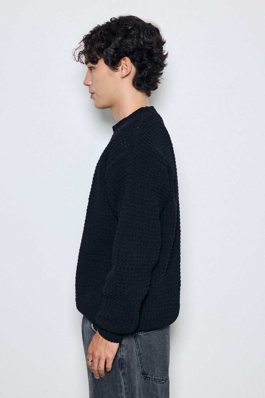 【AW先行アイテム】【ぬくもち】ワッフル編みニットトップス BLK M