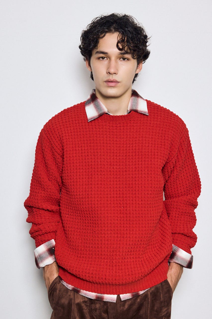 【AW先行アイテム】【ぬくもち】ワッフル編みニットトップス D/RED M