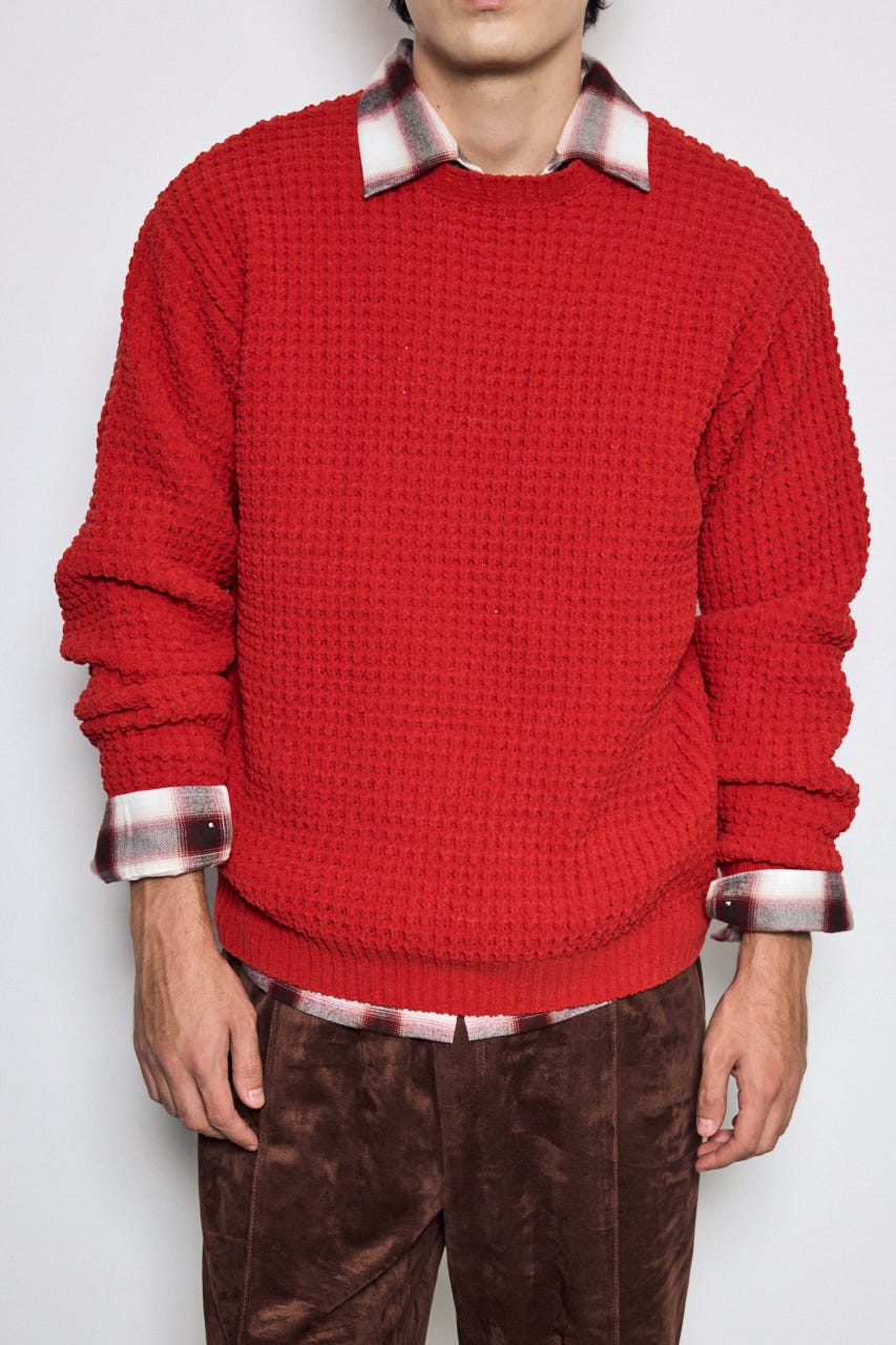 【AW先行アイテム】【ぬくもち】ワッフル編みニットトップス D/RED M