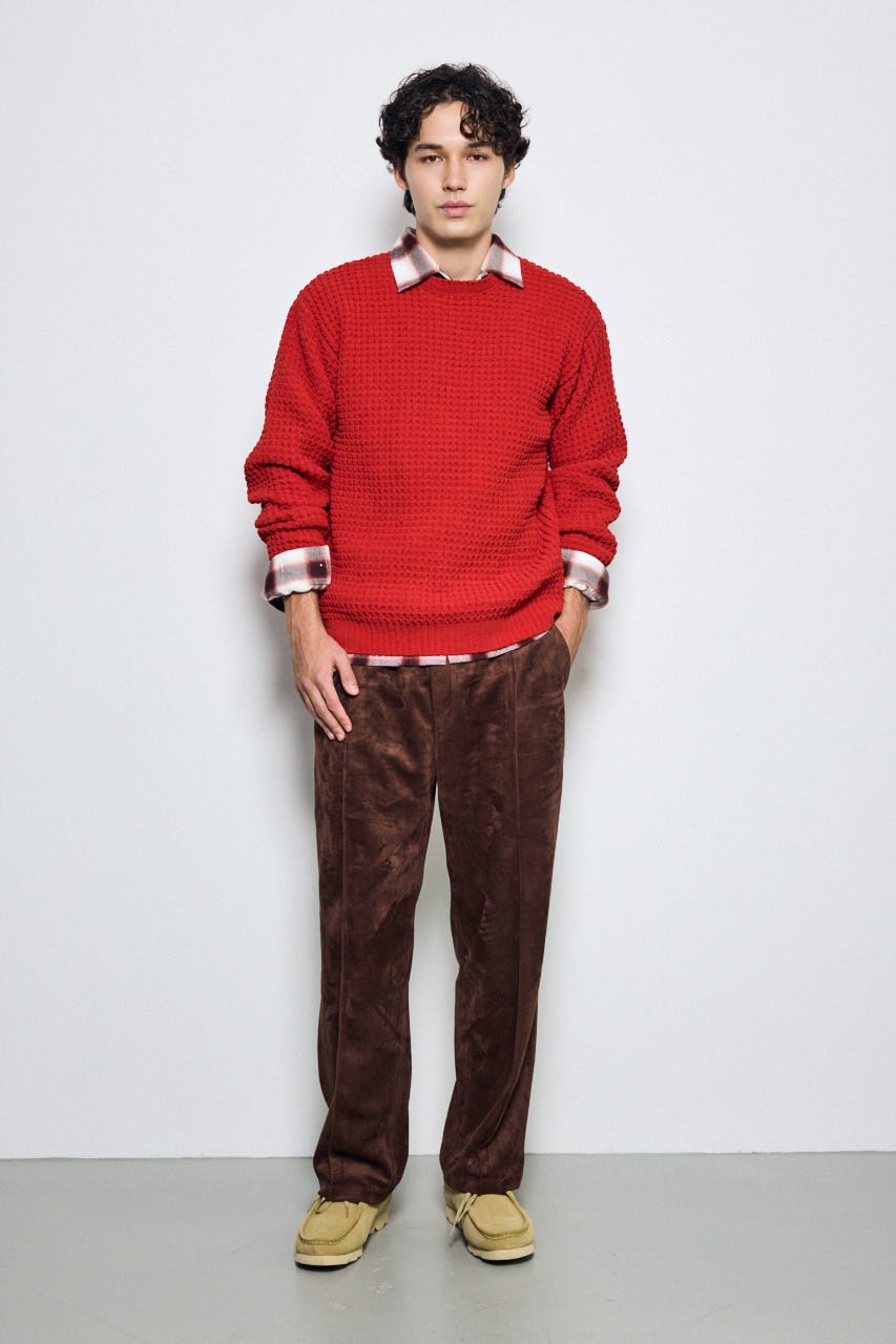 【AW先行アイテム】【ぬくもち】ワッフル編みニットトップス D/RED M