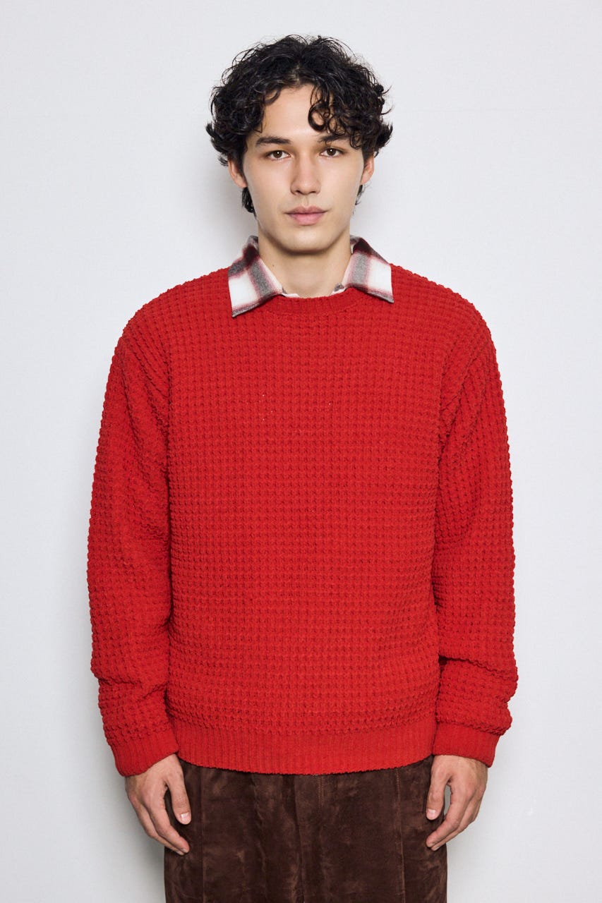 【AW先行アイテム】【ぬくもち】ワッフル編みニットトップス D/RED M