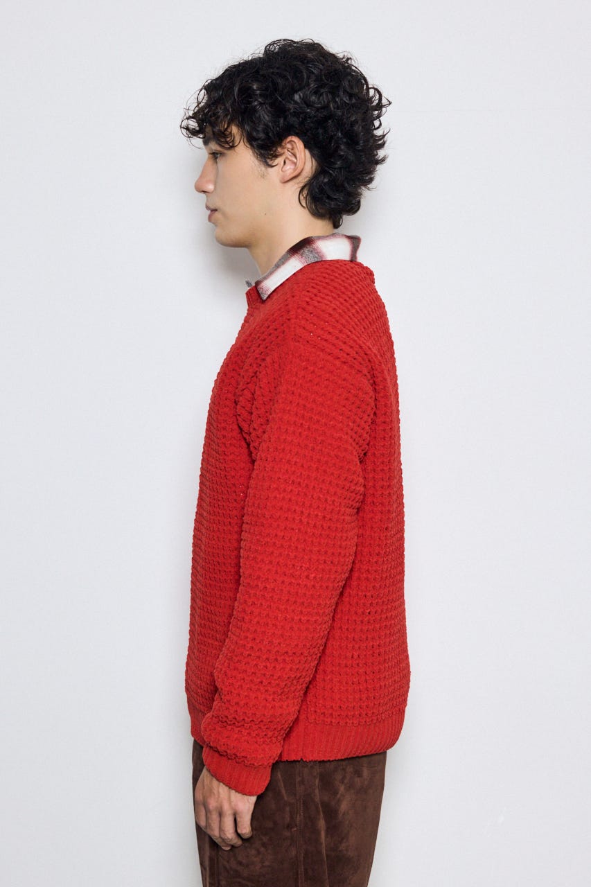 【AW先行アイテム】【ぬくもち】ワッフル編みニットトップス D/RED M