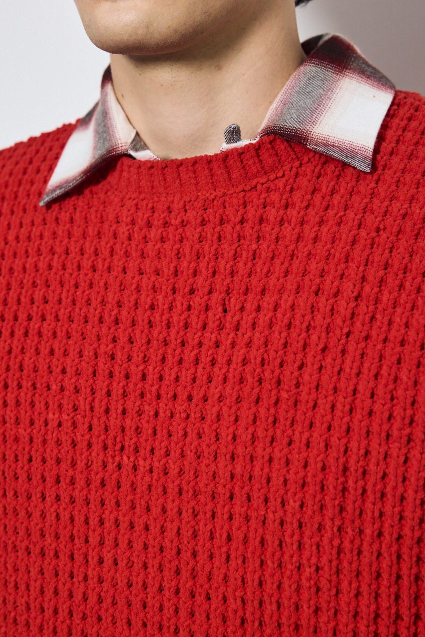 【AW先行アイテム】【ぬくもち】ワッフル編みニットトップス D/RED M