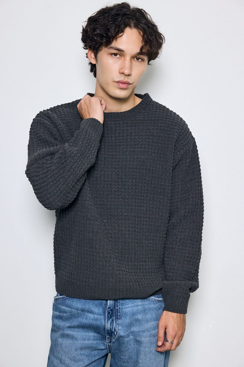 【AW先行アイテム】【ぬくもち】ワッフル編みニットトップス GRY L