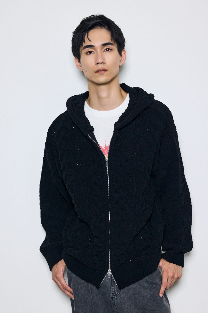 【AW先行アイテム】【ぬくもち】ジップアップニットフーディー BLK L