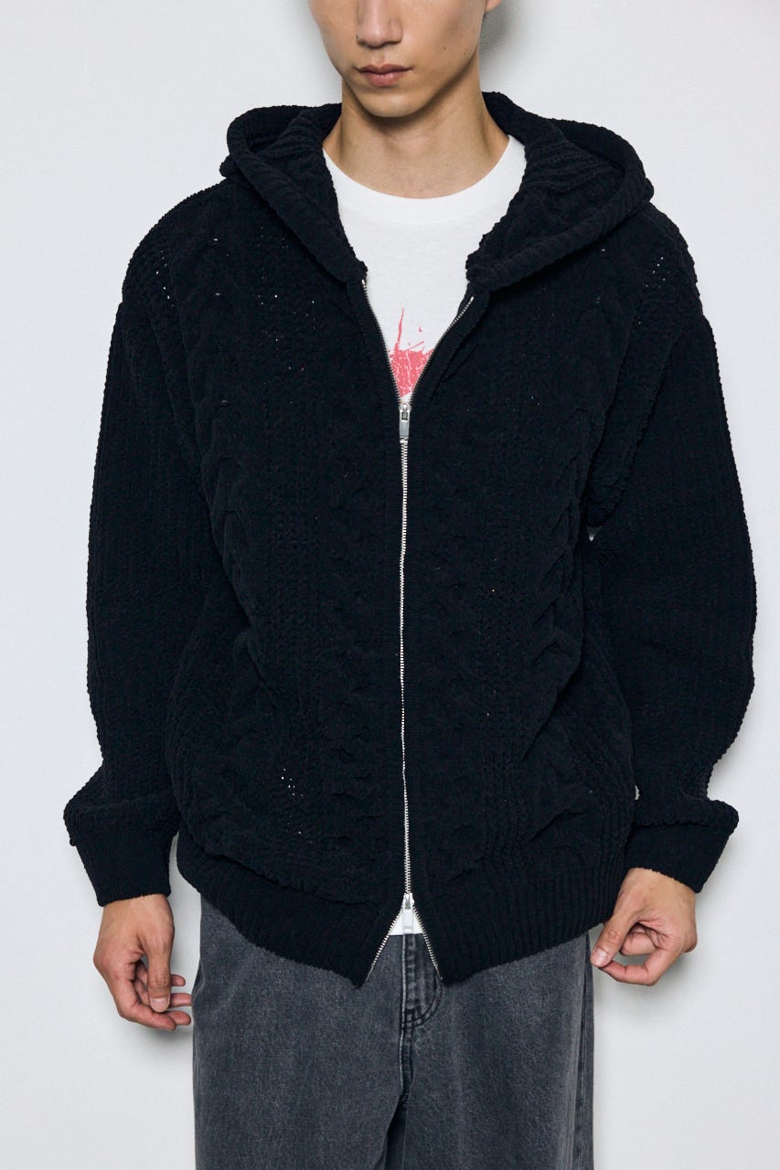 【AW先行アイテム】【ぬくもち】ジップアップニットフーディー BLK L