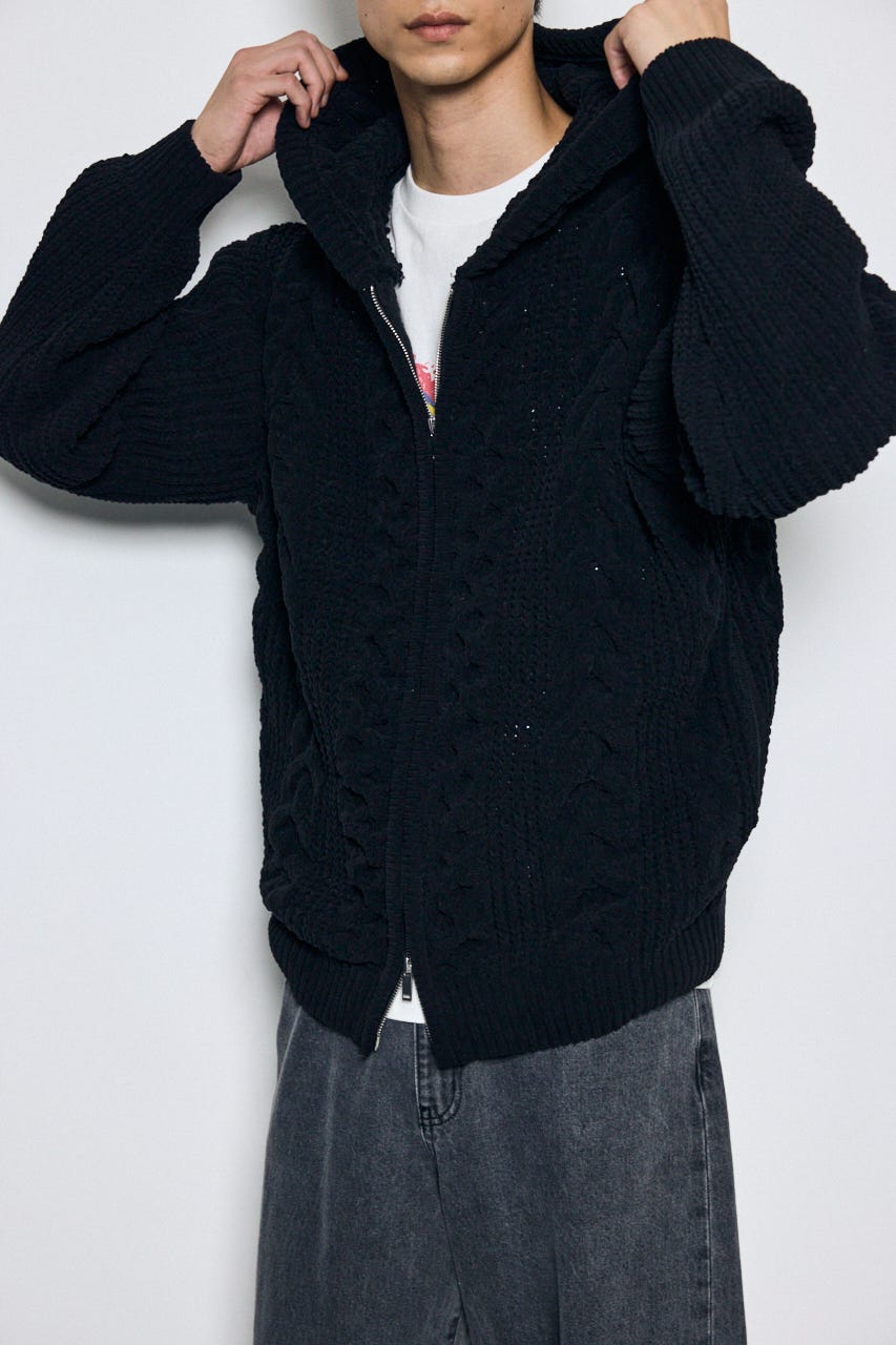 【AW先行アイテム】【ぬくもち】ジップアップニットフーディー BLK L