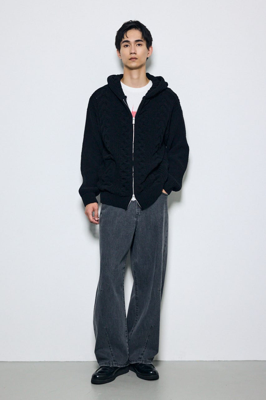 【AW先行アイテム】【ぬくもち】ジップアップニットフーディー BLK L