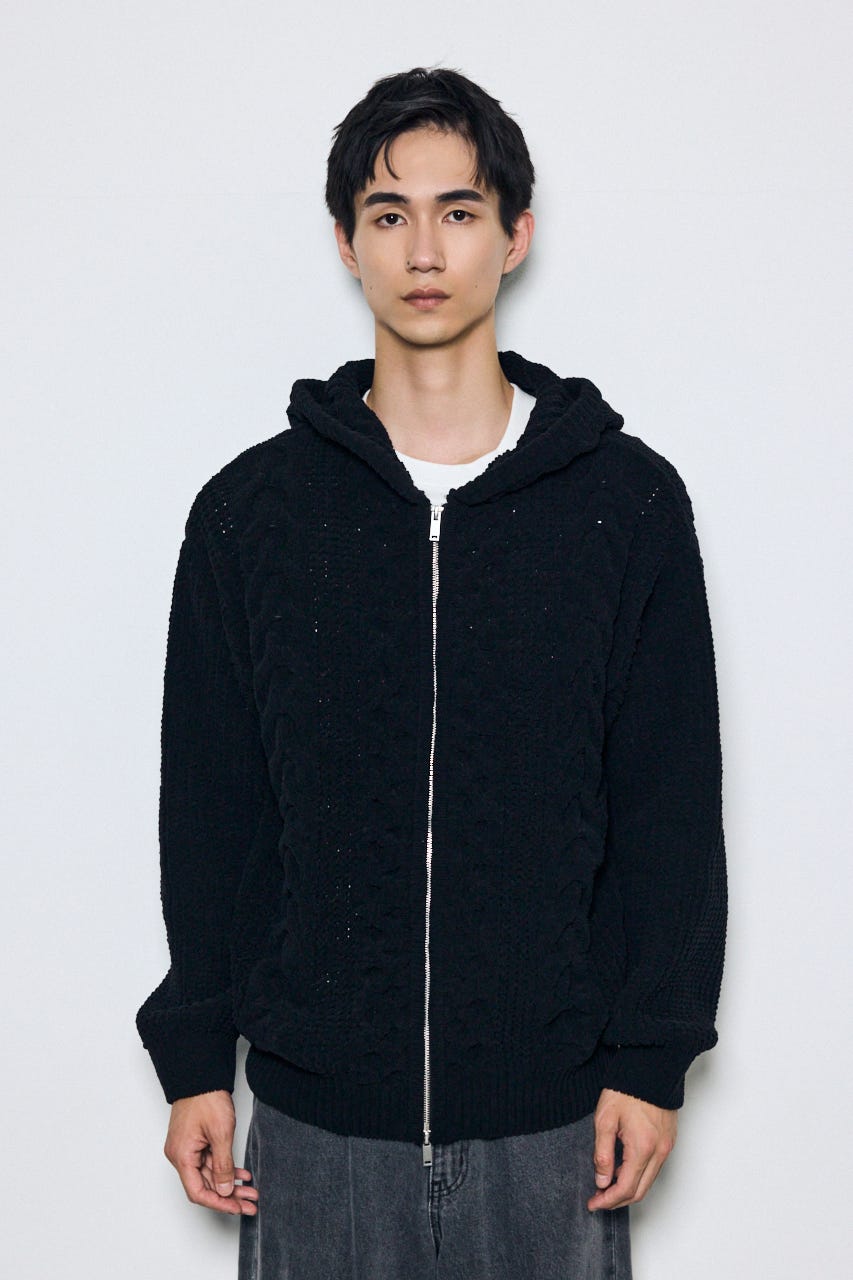 【AW先行アイテム】【ぬくもち】ジップアップニットフーディー BLK L