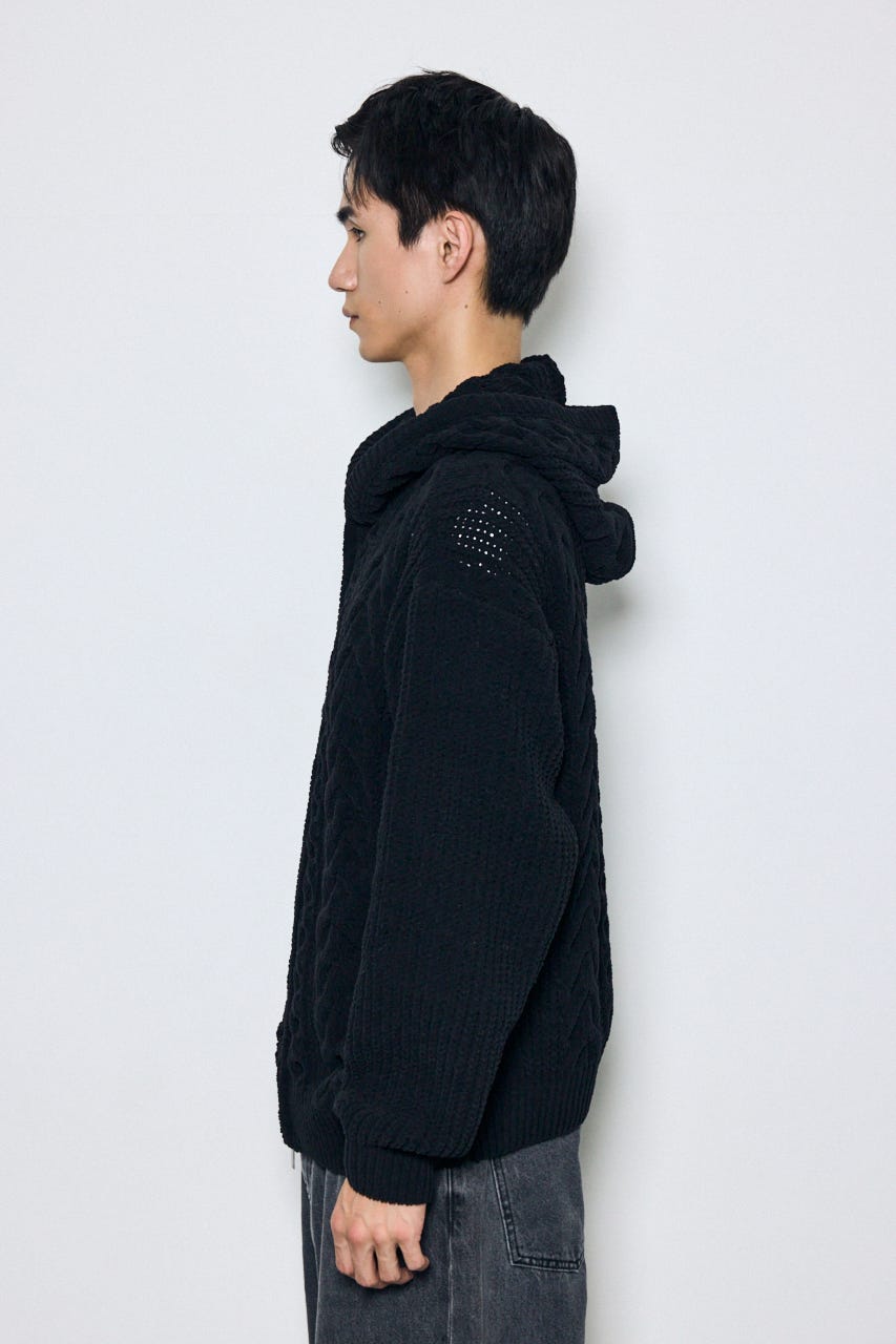 【AW先行アイテム】【ぬくもち】ジップアップニットフーディー BLK L