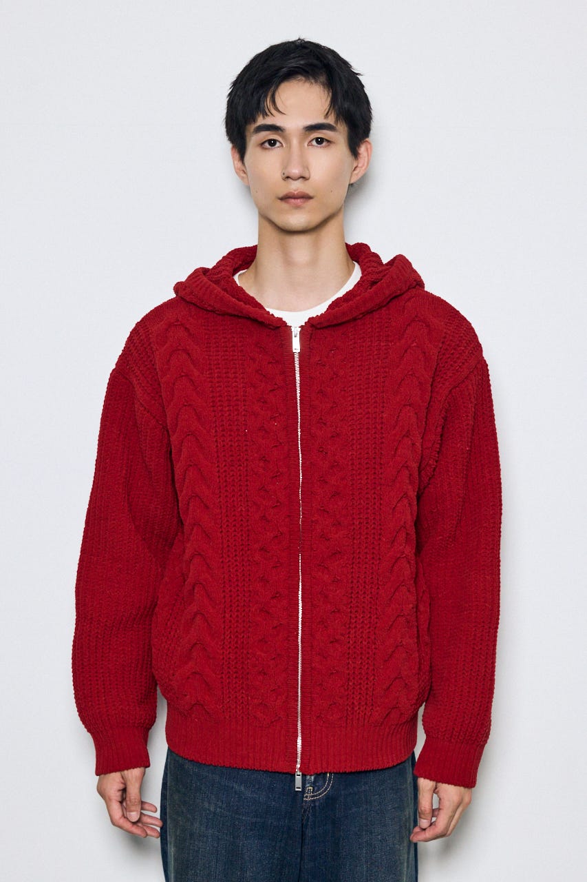 【AW先行アイテム】【ぬくもち】ジップアップニットフーディー D/RED M