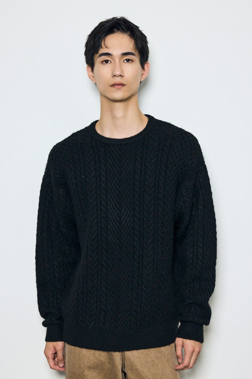 ケーブル編みニットトップス BLK L