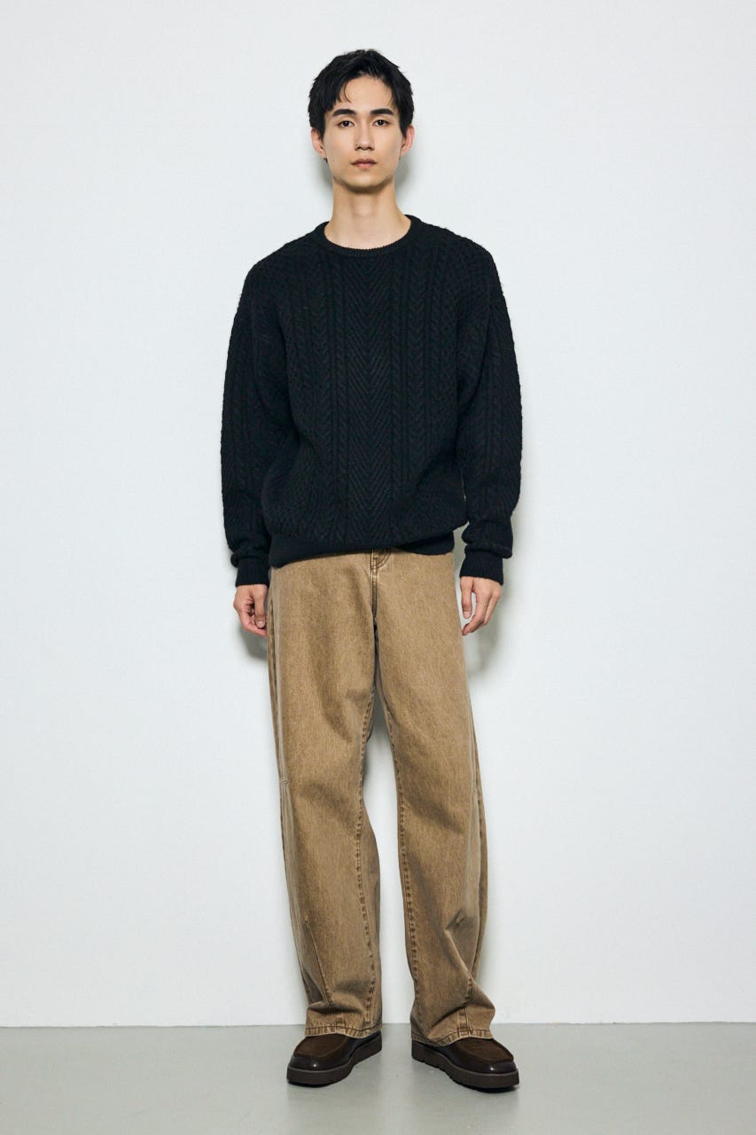ケーブル編みニットトップス BLK L