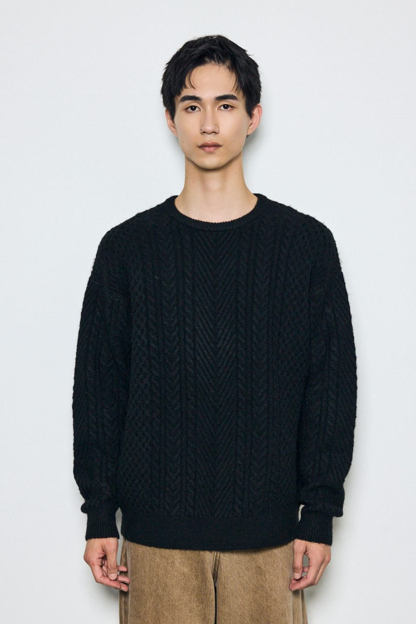 ケーブル編みニットトップス BLK L