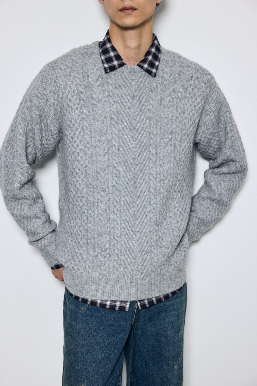 ケーブル編みニットトップス GRY M