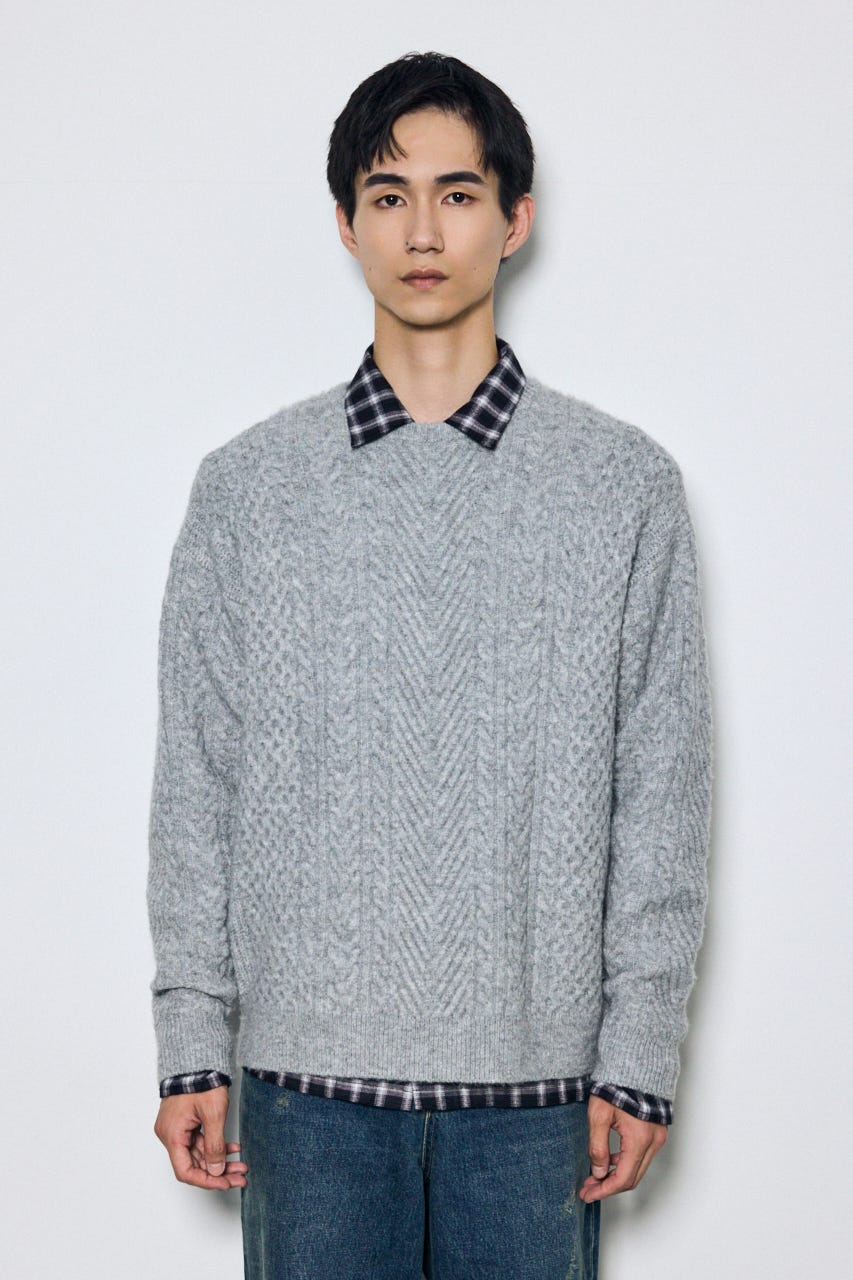 ケーブル編みニットトップス GRY M