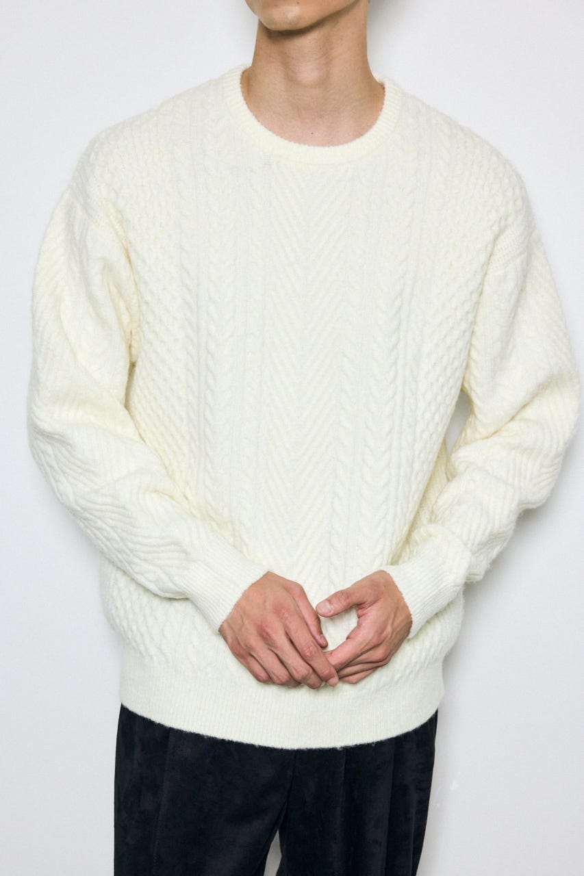 ケーブル編みニットトップス WHT M