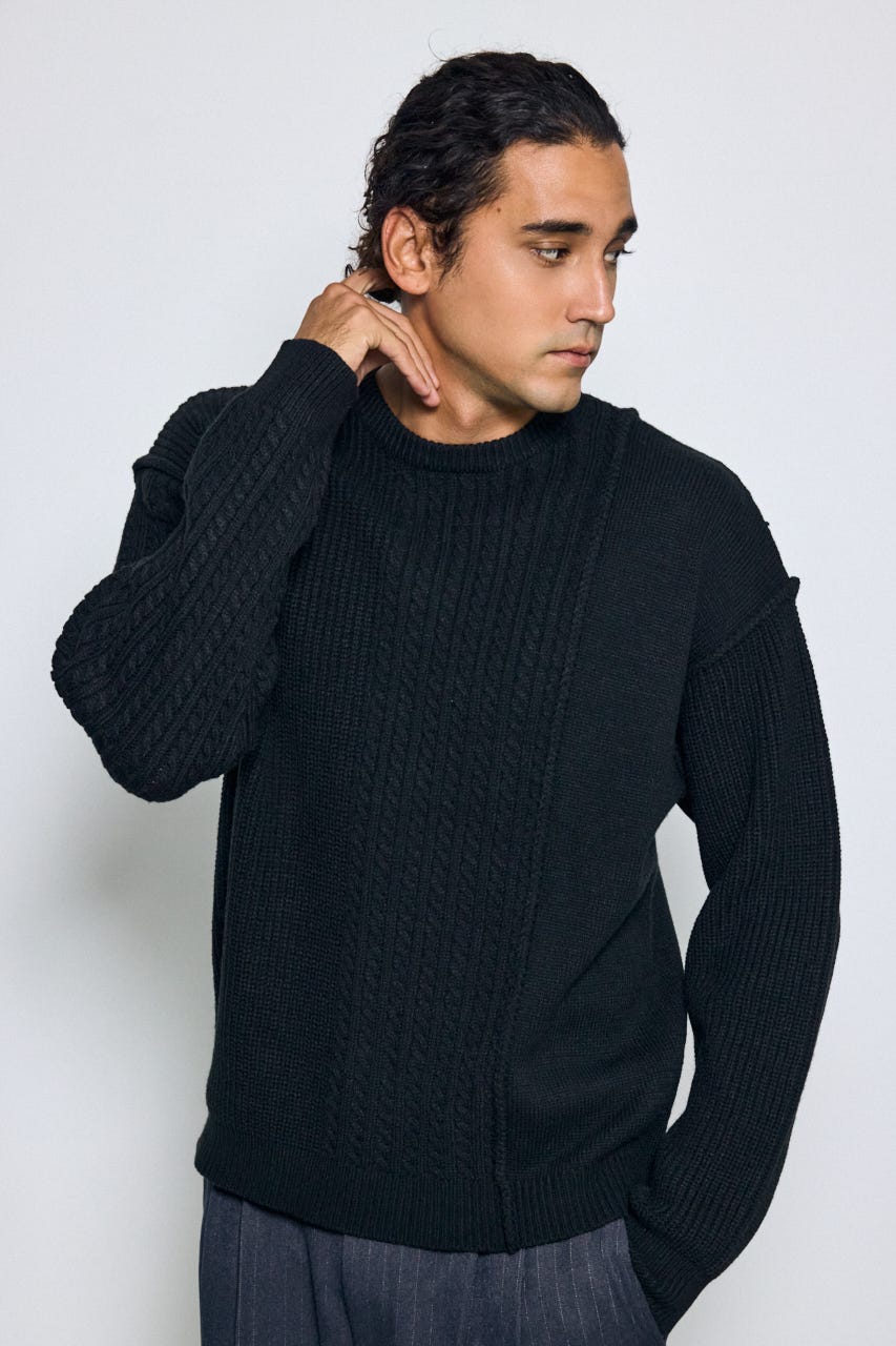 編み柄MIXニットトップス BLK L