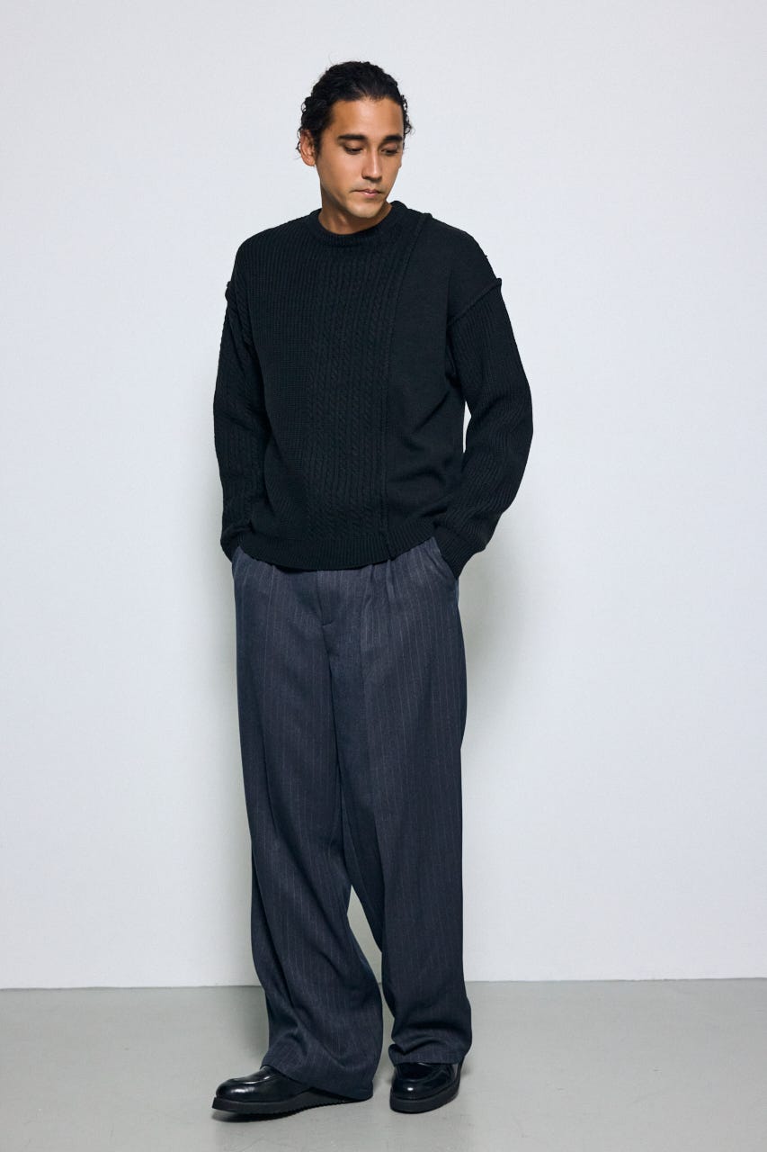 編み柄MIXニットトップス BLK L