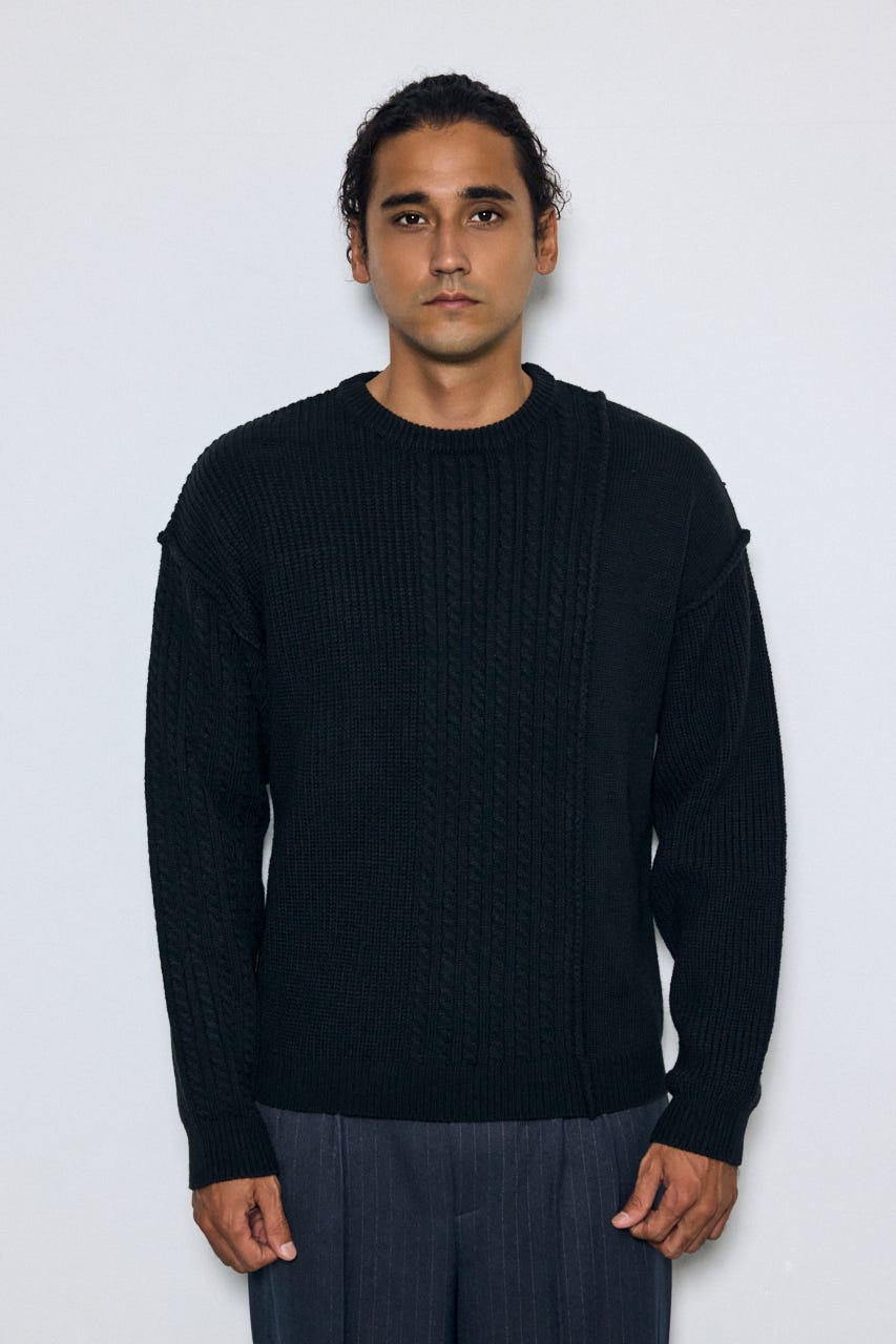 編み柄MIXニットトップス BLK L