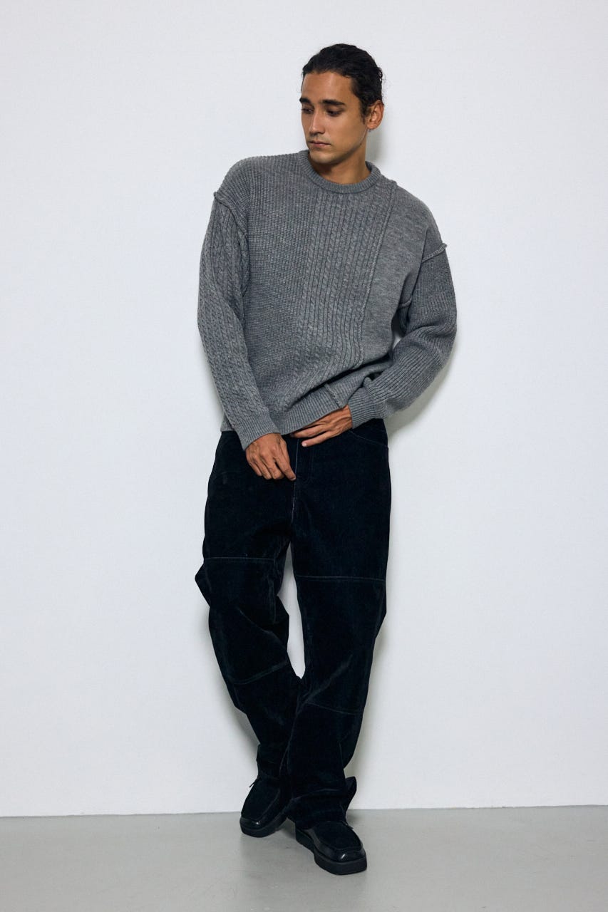 編み柄MIXニットトップス GRY L