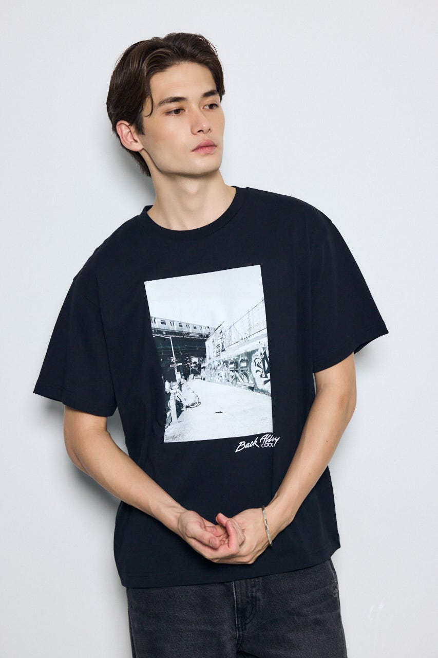 フォトプリント半袖TEE BLK L