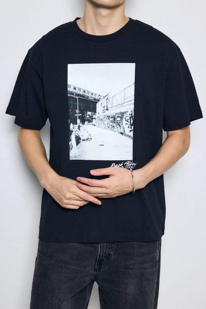 フォトプリント半袖TEE BLK L