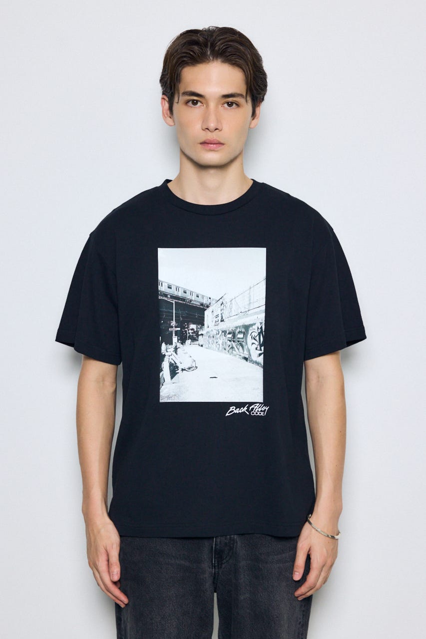 フォトプリント半袖TEE BLK L