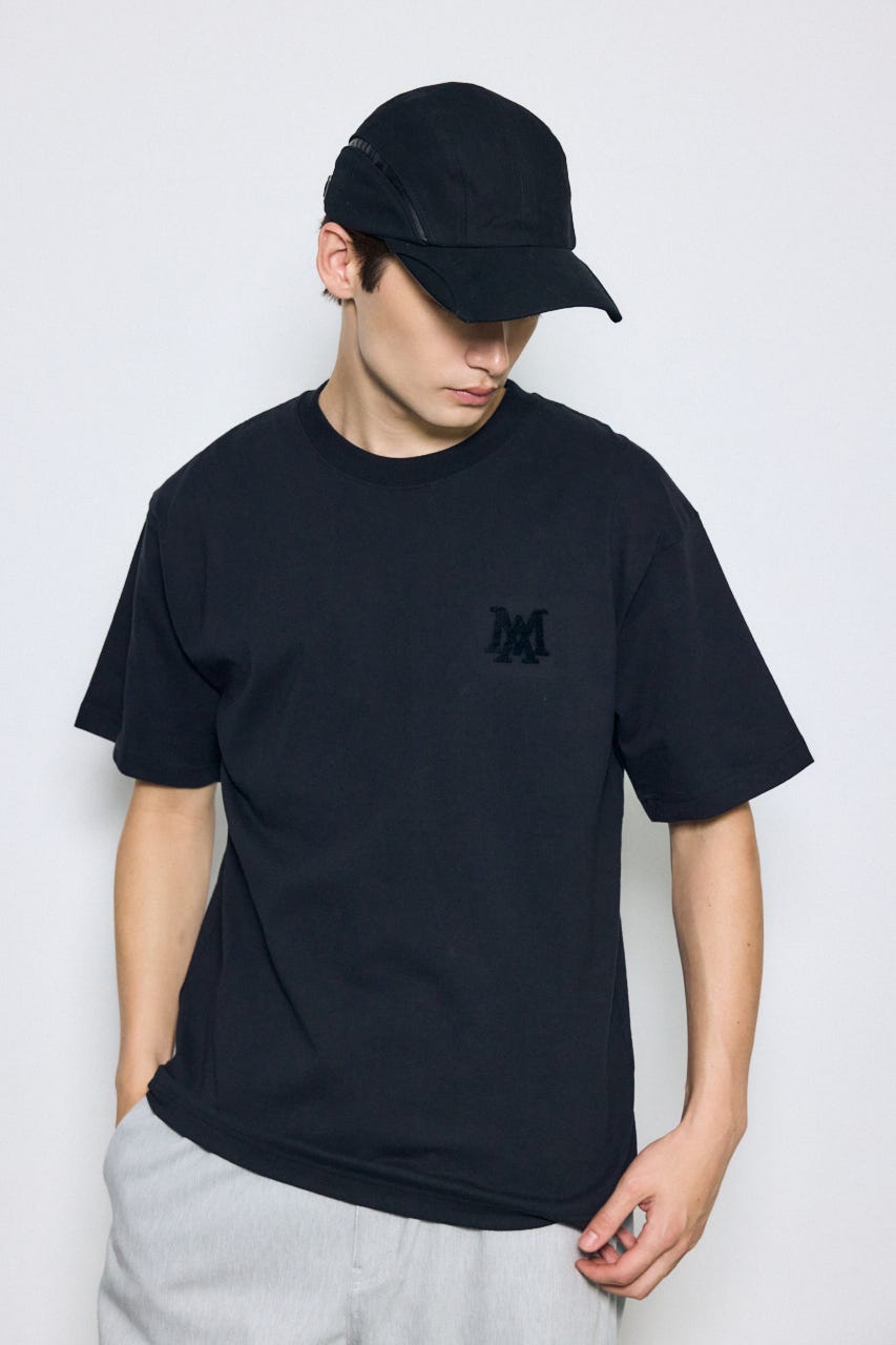 ブラシ刺繍半袖TEE BLK L