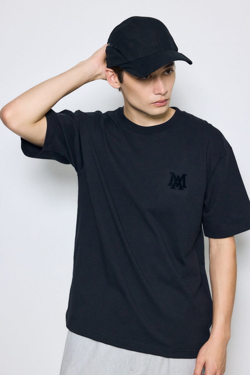 ブラシ刺繍半袖TEE BLK L