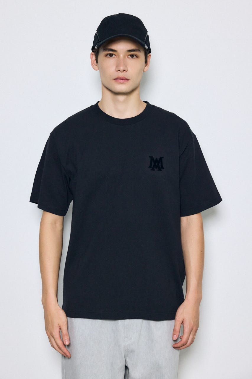 ブラシ刺繍半袖TEE BLK L