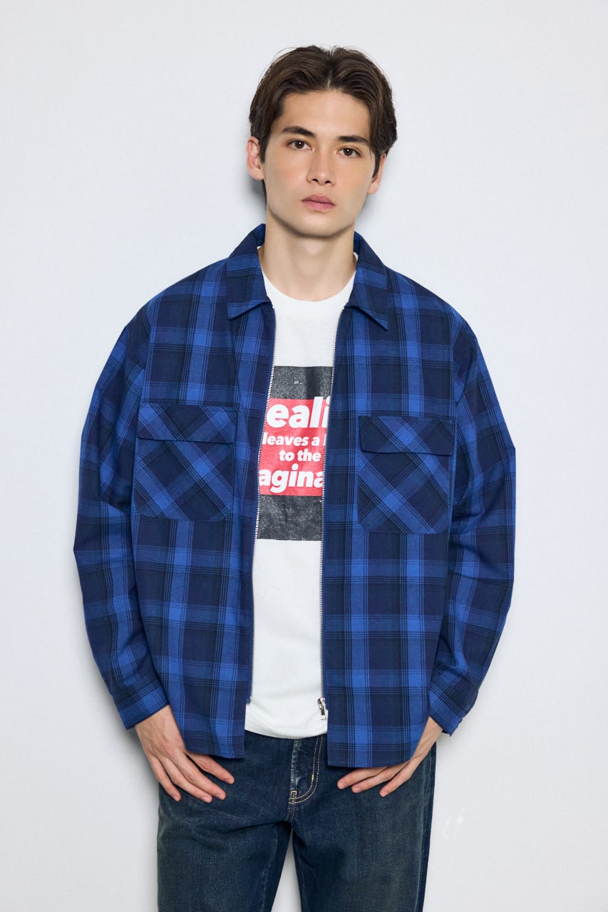 オンブレチェック長袖シャツ 柄BLU M