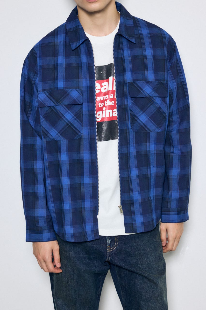 オンブレチェック長袖シャツ 柄BLU M