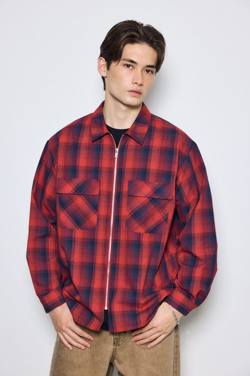 オンブレチェック長袖シャツ 柄RED L