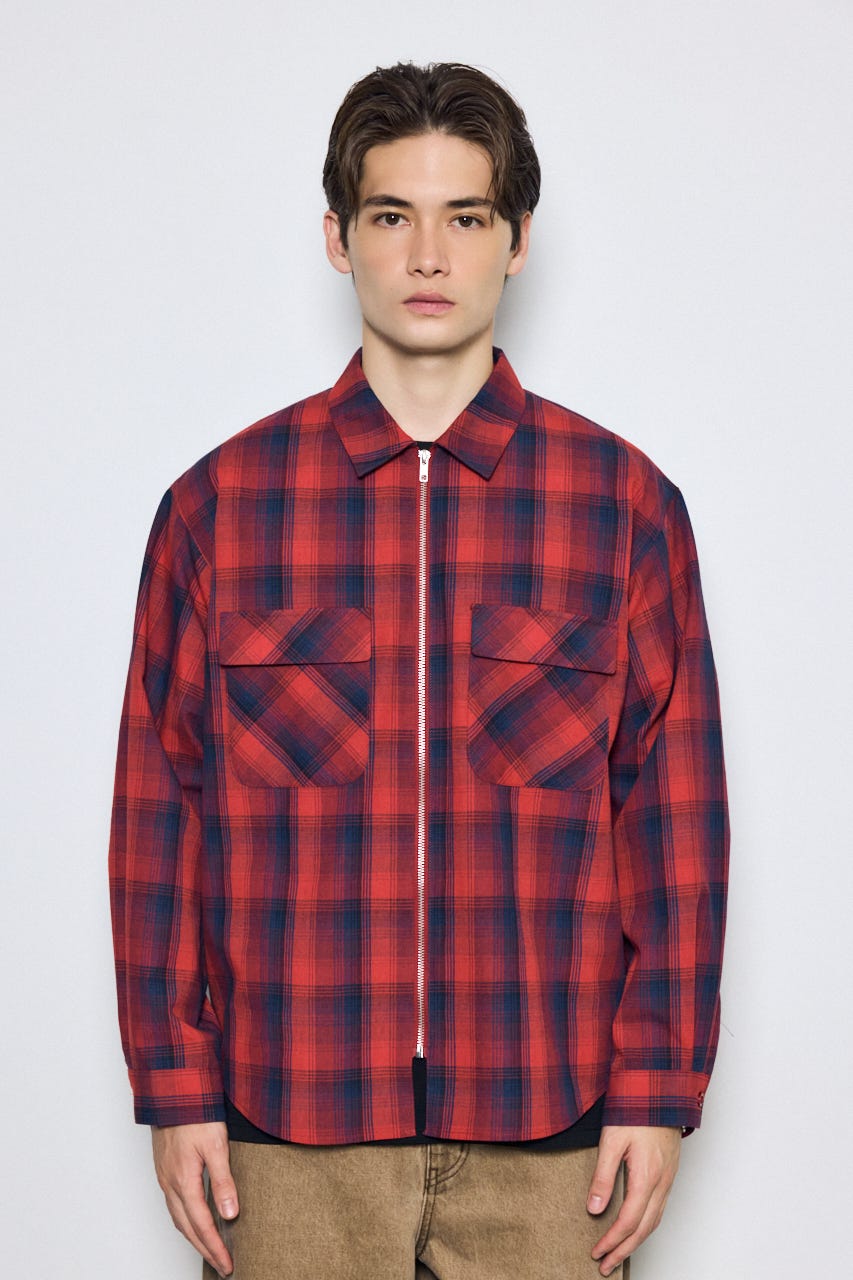 オンブレチェック長袖シャツ 柄RED L