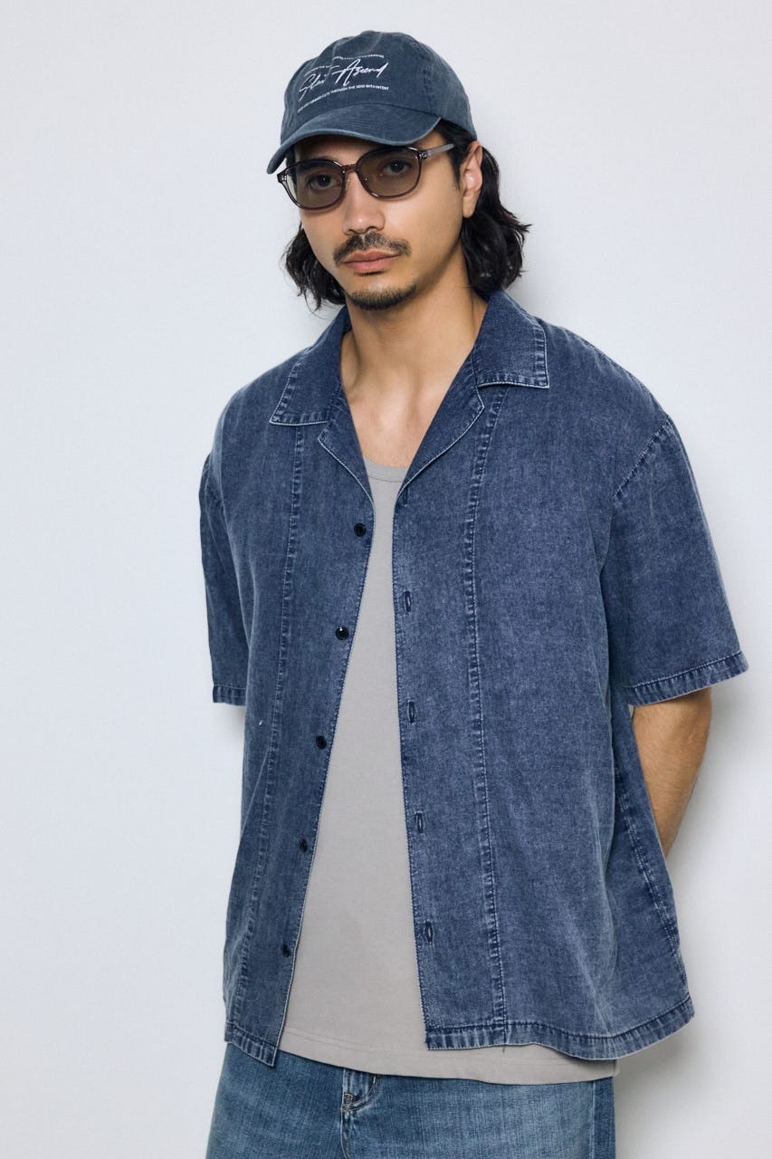 ヴィンテージウォッシュ開襟シャツ BLU M