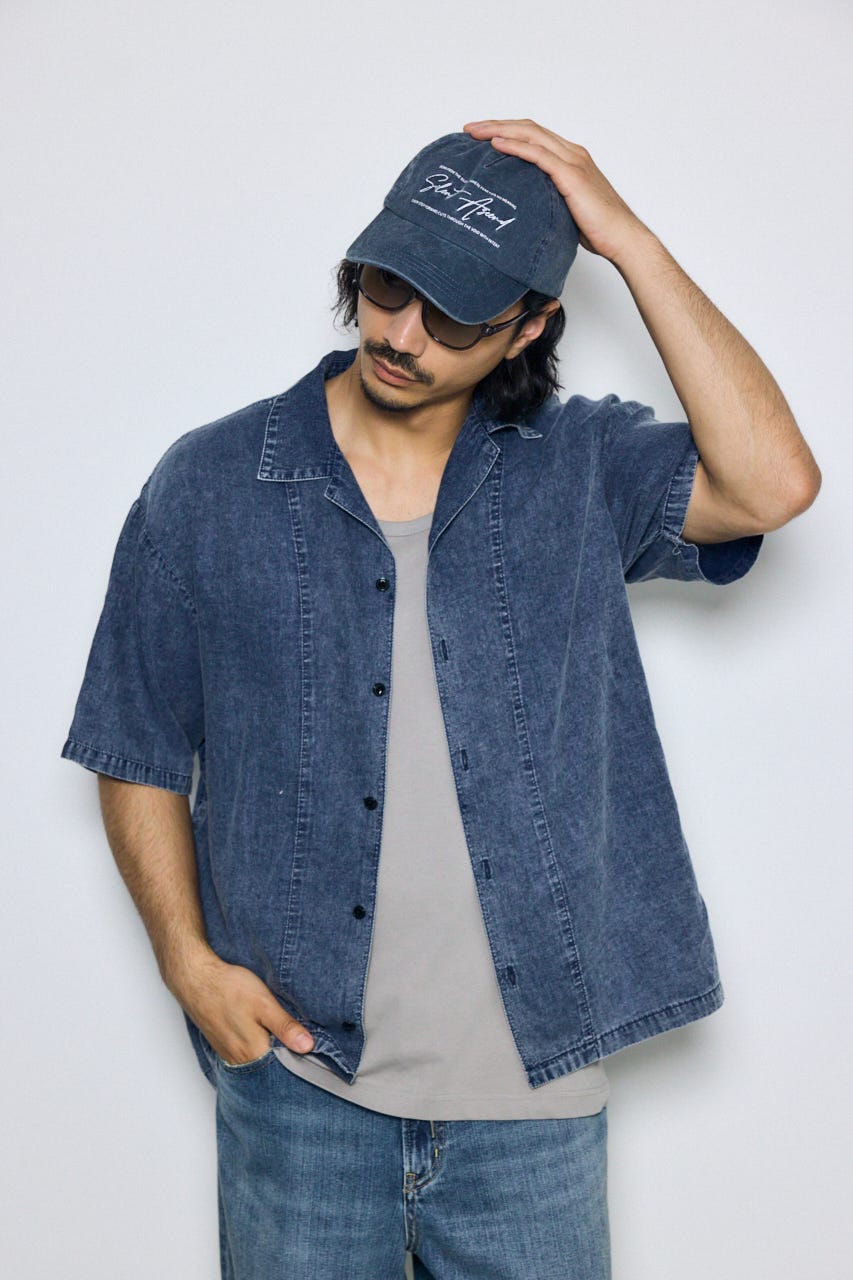 ヴィンテージウォッシュ開襟シャツ BLU M