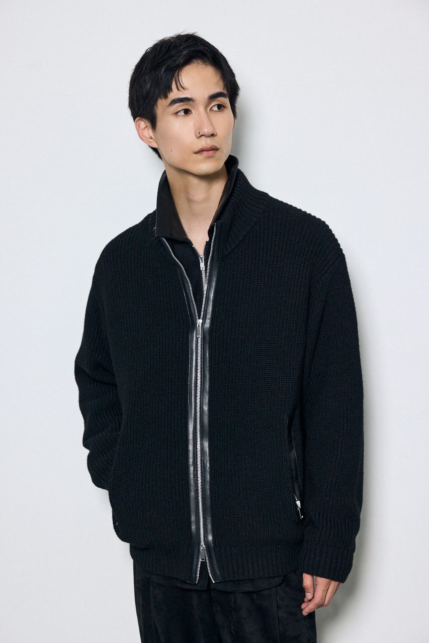 合皮切替ジップカーディガン BLK L