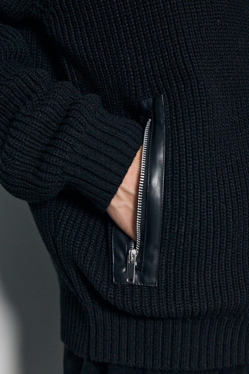 合皮切替ジップカーディガン BLK L