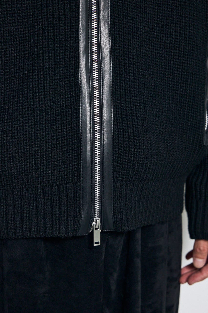 合皮切替ジップカーディガン BLK L