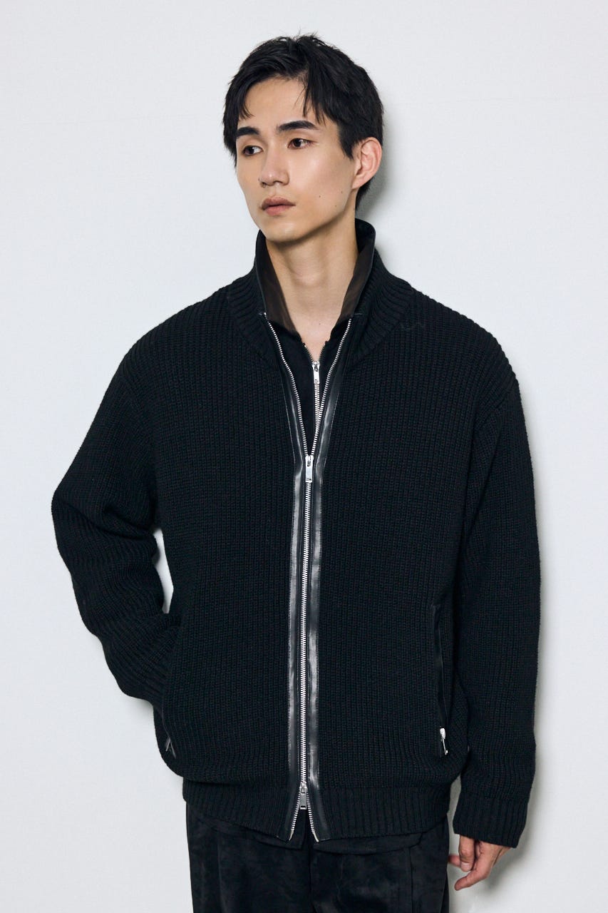 合皮切替ジップカーディガン BLK L