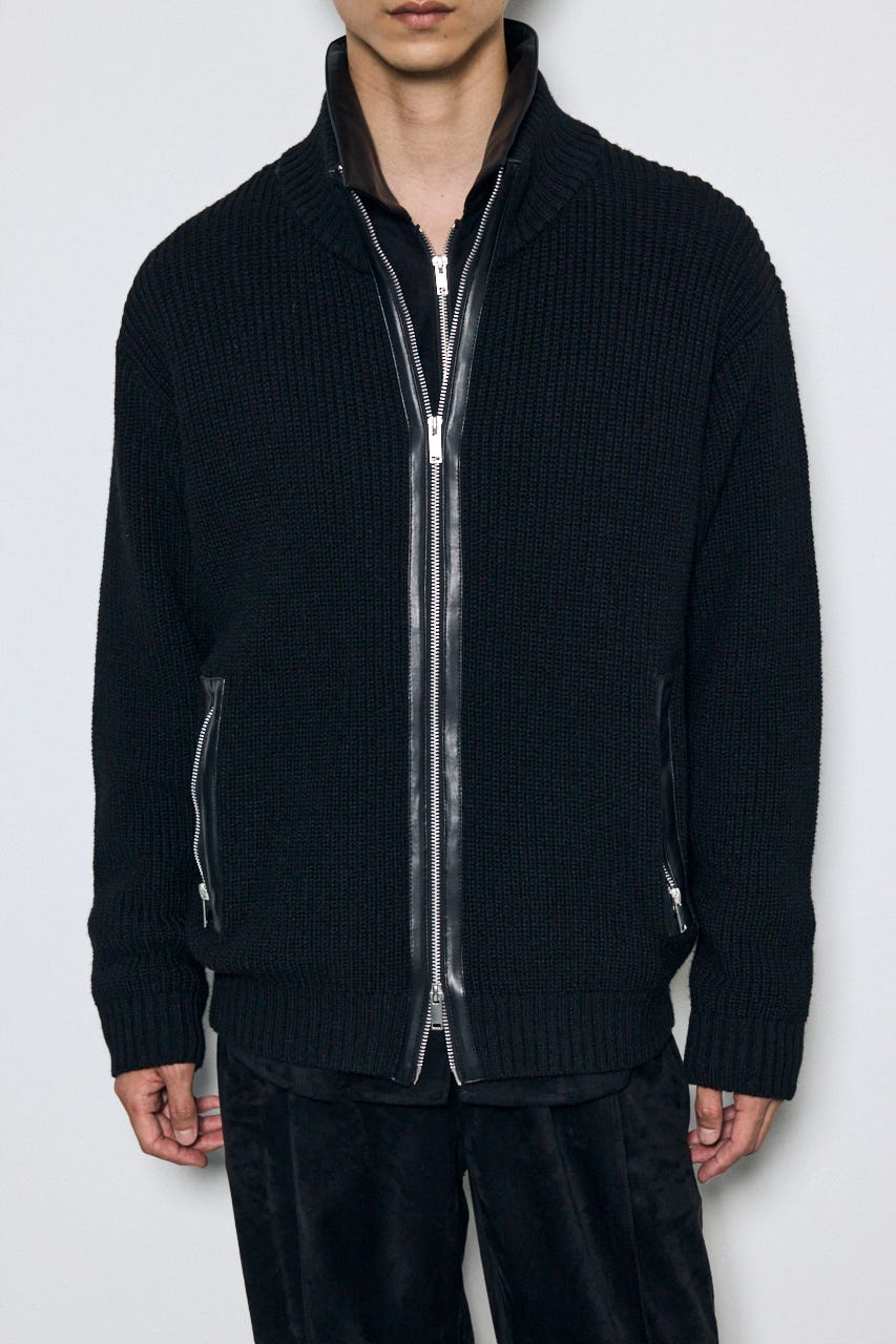 合皮切替ジップカーディガン BLK L