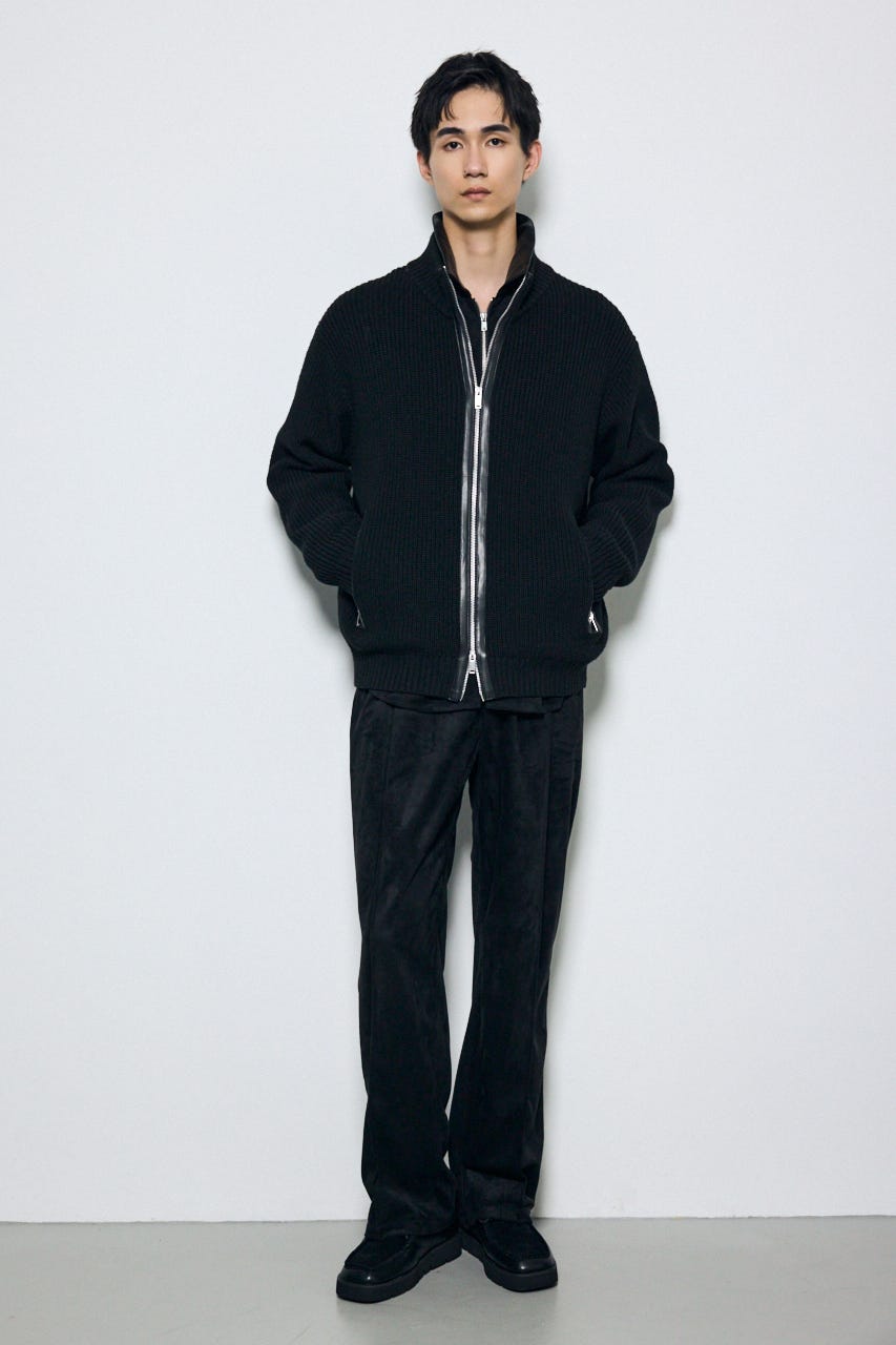 合皮切替ジップカーディガン BLK L