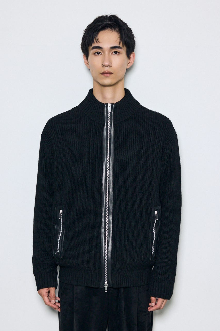 合皮切替ジップカーディガン BLK L
